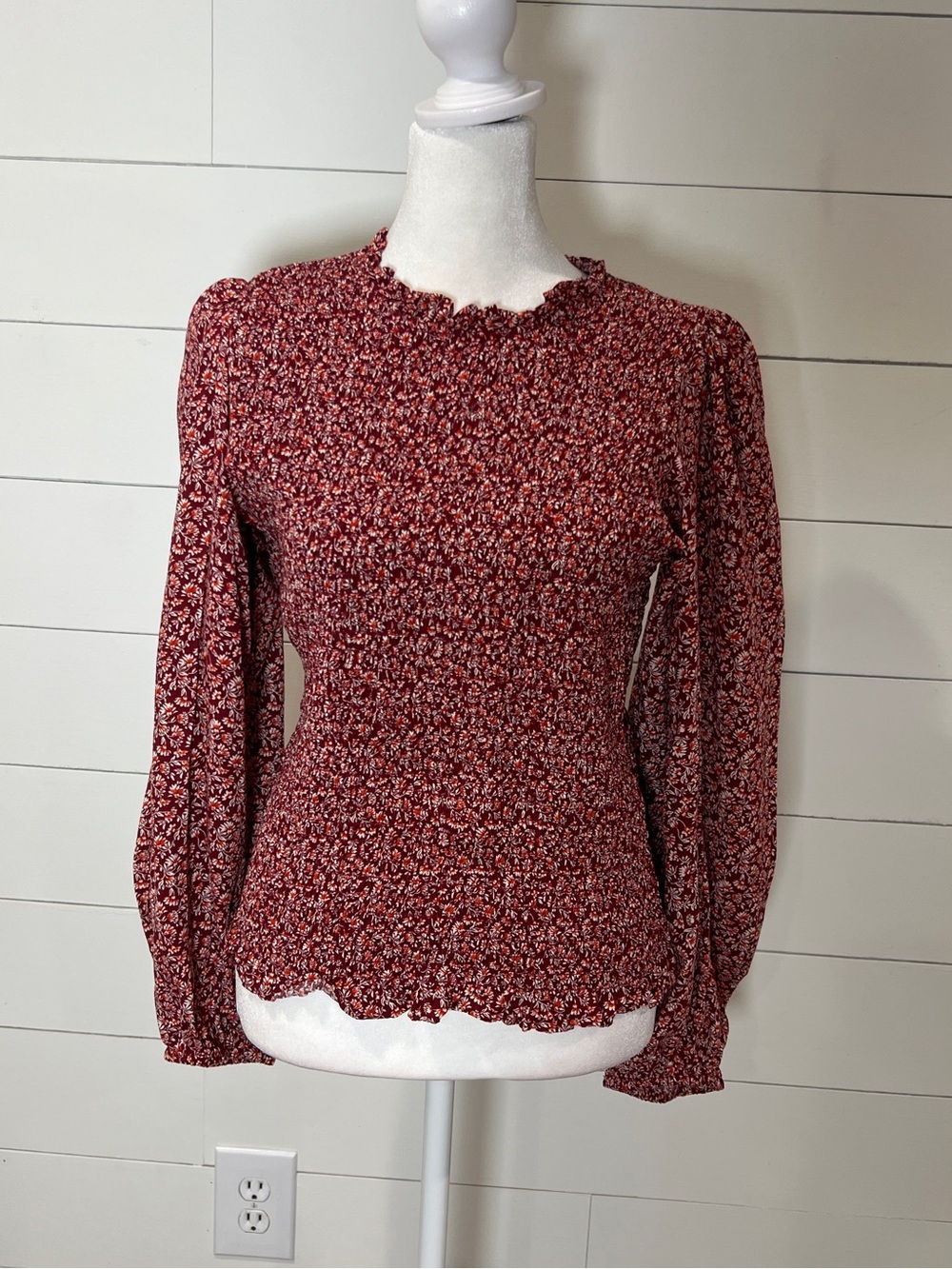 Jessica Simpson Smocked Long-Sleeve Floral Top in Dark Red